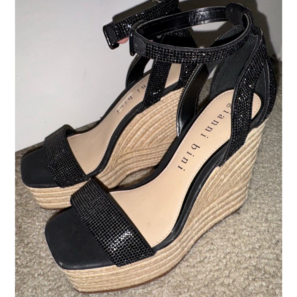 Gianni Bini Black Rhinestone Wedge Sandals Womens 7M Espadrille Platform NEW - Picture 2 of 12